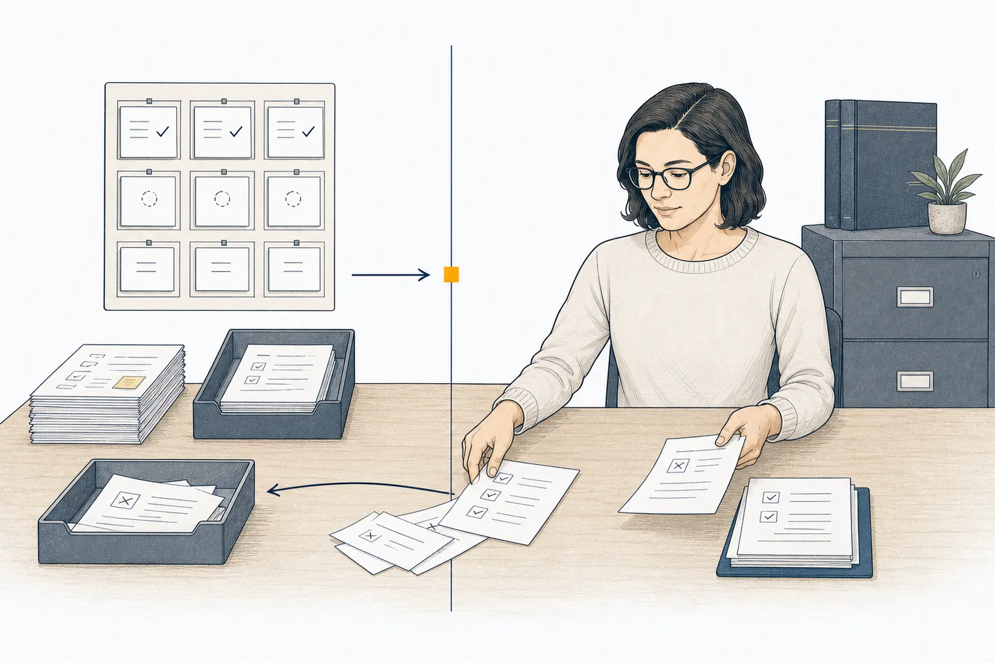 Prepared work reaching a marked authority boundary, where a person approves some items and returns others to a tray, with the system of record standing behind them.