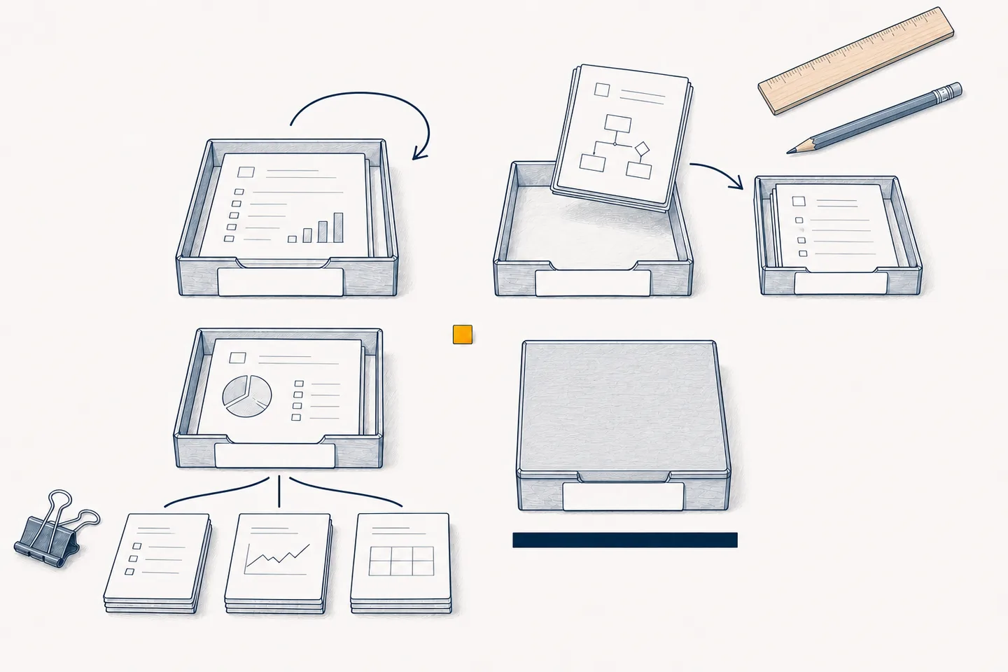 Four trays showing four separate outcomes: work carrying on, work handed to a different tray, work spreading into several stacks, and work closed behind a solid bar.
