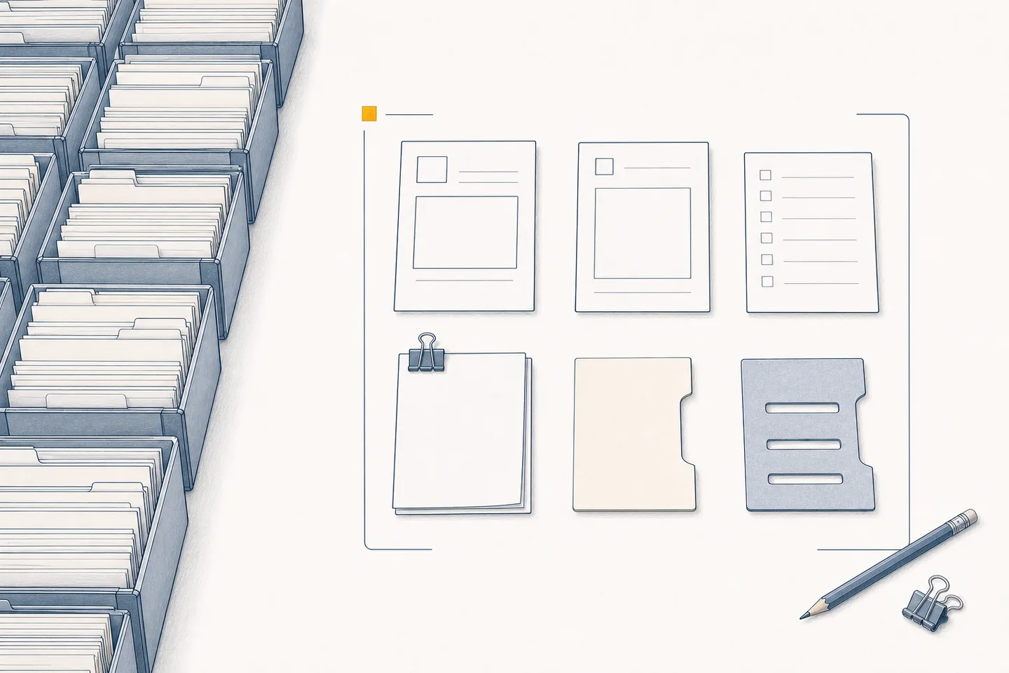 A large archive of filing trays running off the edge of the frame, beside a small deliberately chosen set of six documents laid out with space around them.
