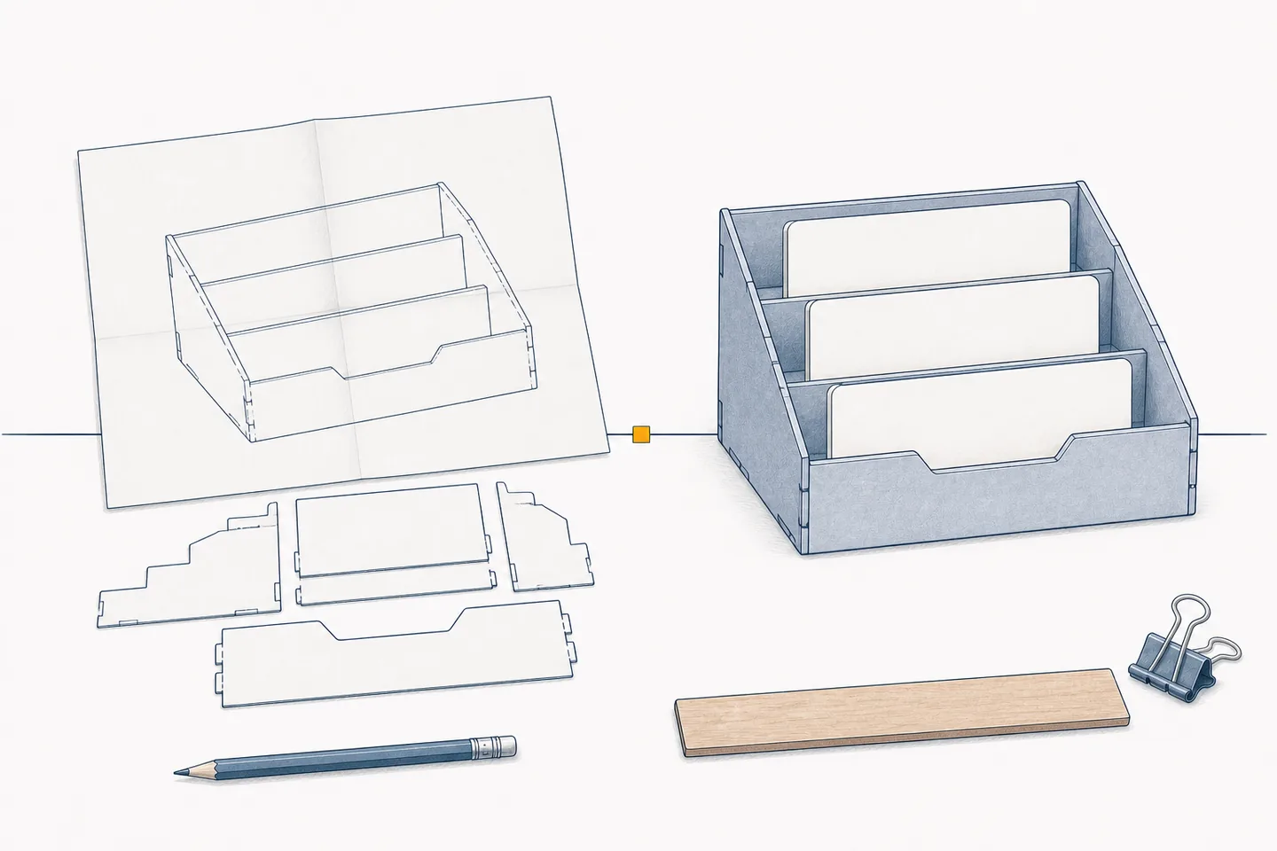 A folded plan of a tiered organiser with its flat parts laid out beside it, and the same organiser assembled and in use, joined by a single line.