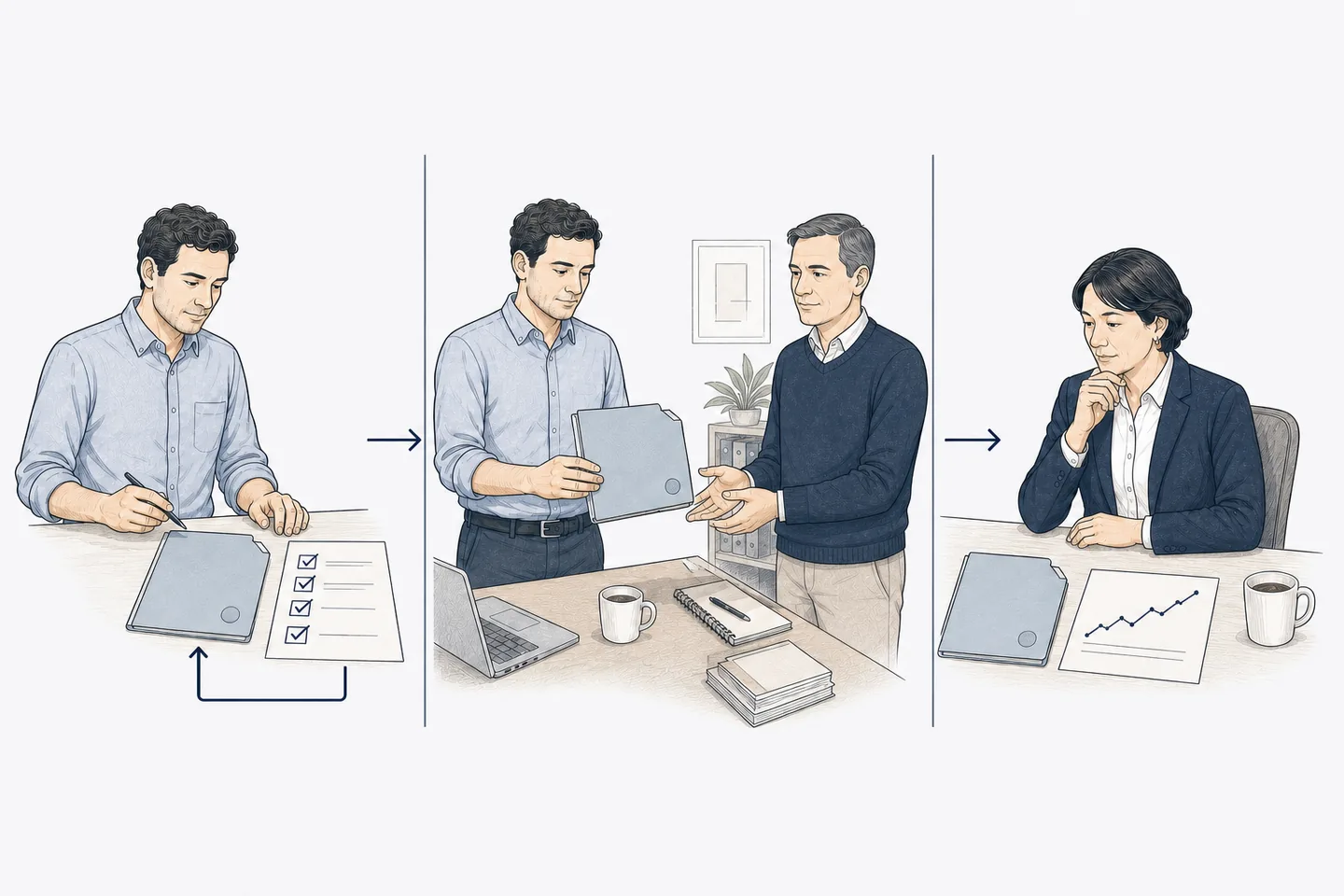 One piece of work moving through three stages: checked for reliability, handed on and used in ordinary operation, then considered against a business result.