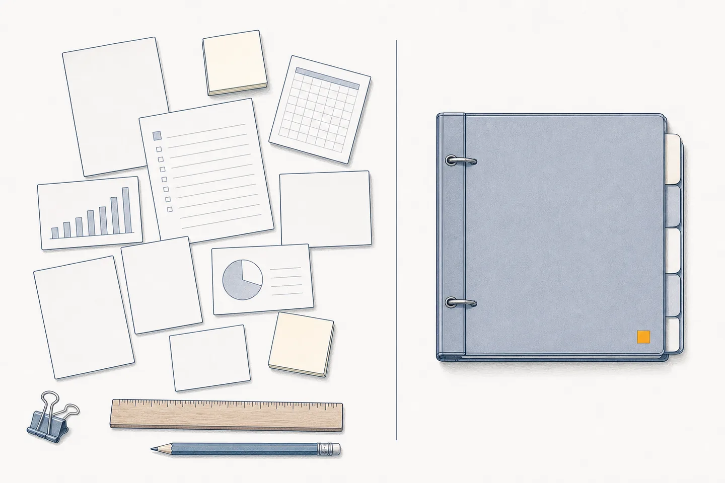 On one side, many loose sheets, cards and notes scattered without order. On the other, a single bound folder with tabbed dividers.